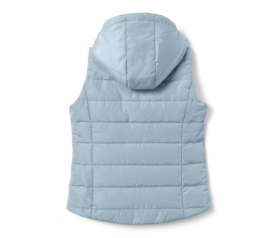Hellblaue Reitweste mit Kapuze aus recyceltem Material, Rückansicht.