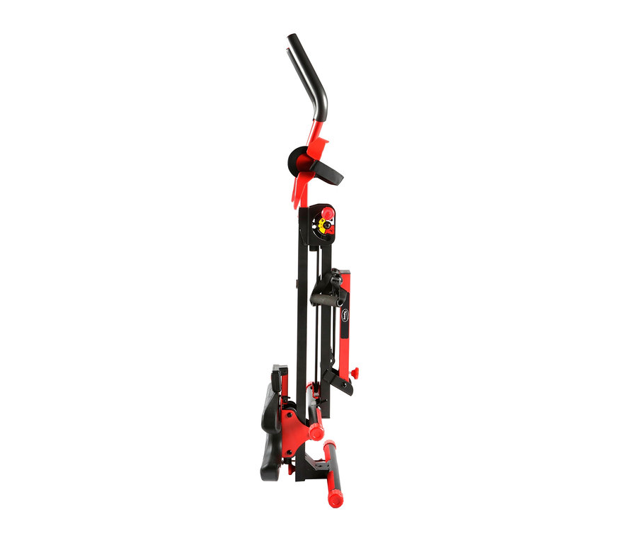Seitenansicht des Body Coach 3-in-1-Fitnessgeräts »AB'N ROWER« mit schwarzem Rahmen und roten Akzenten.