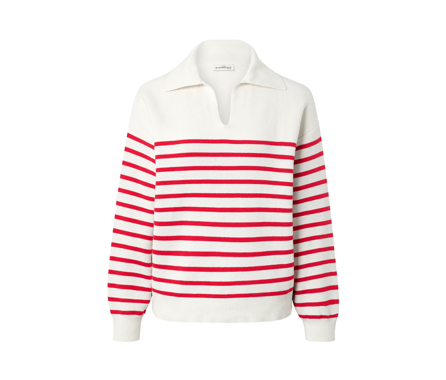Weiß-roter Strickpullover mit Kragen.