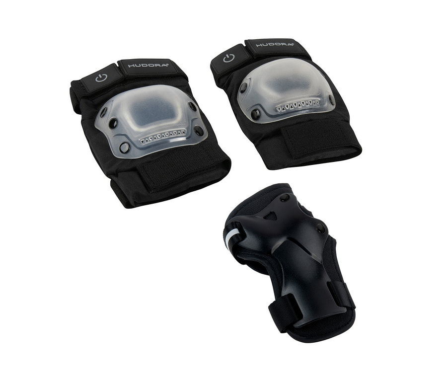 Zwei schwarze HUDORA LED-Protektoren-Set Knieschoner und ein Handgelenkschoner auf weißem Hintergrund.