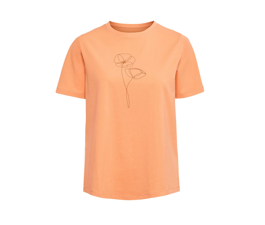 Pfirsichfarbenes T-Shirt mit Blumenmuster.
