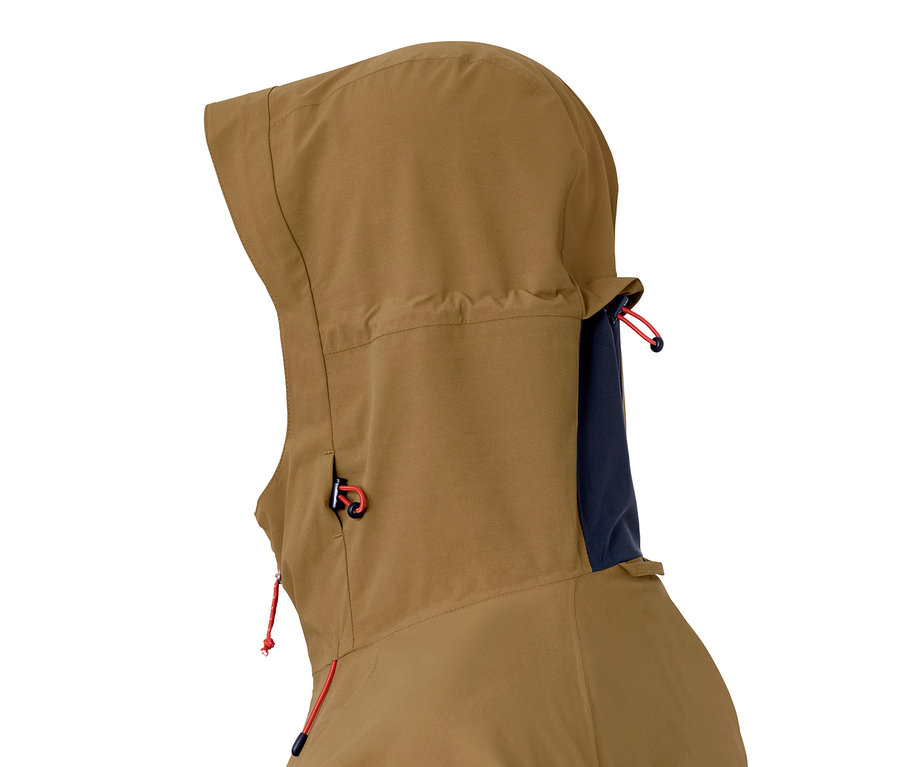 Detailansicht einer braunen Hardshell-Outdoorjacke mit Kapuze.