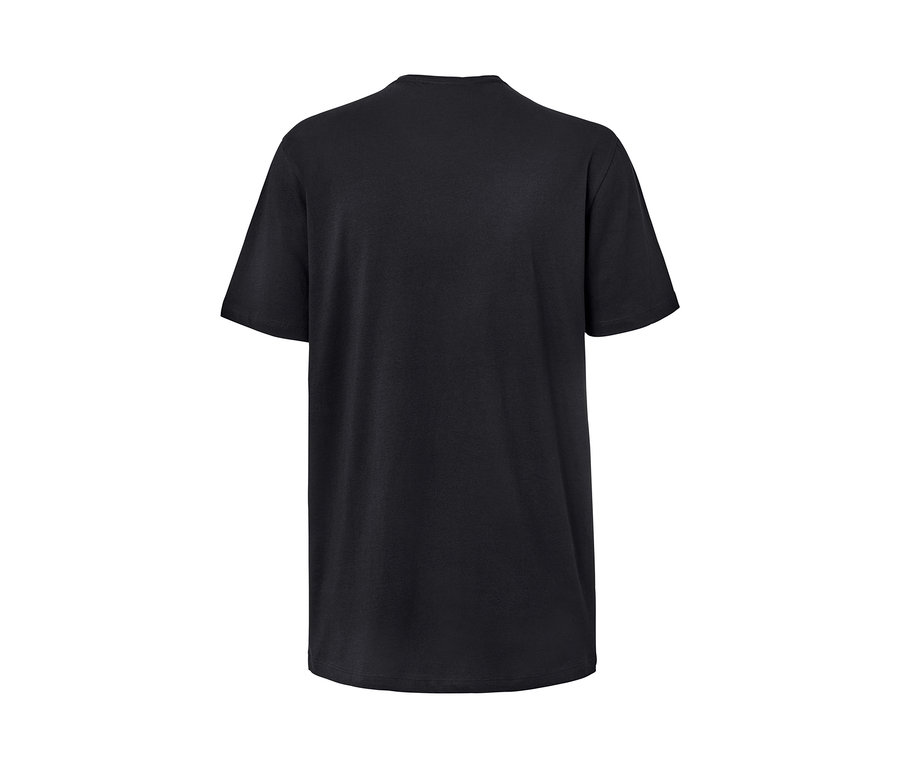 Detailaufnahme eines schwarzen Herren-T-Shirts mit V-Ausschnitt.