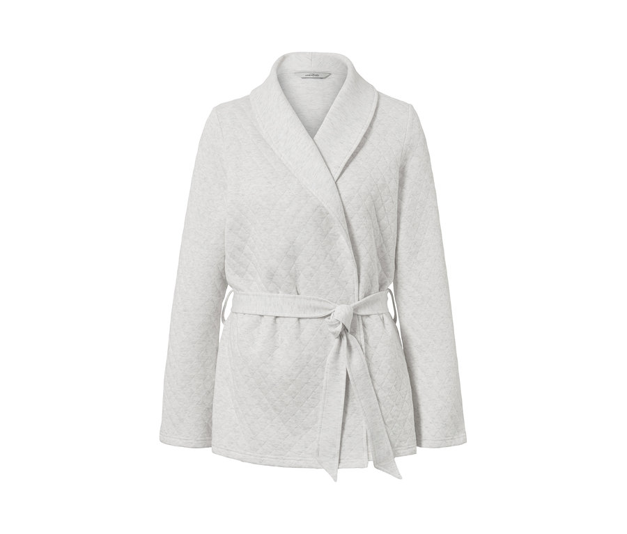 Hellgraue gesteppte "Kuscheljacke" mit Gürtel.
