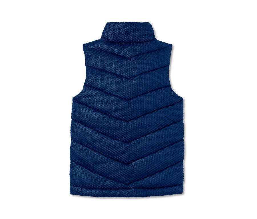 Marineblaue Steppweste mit recyceltem Material.