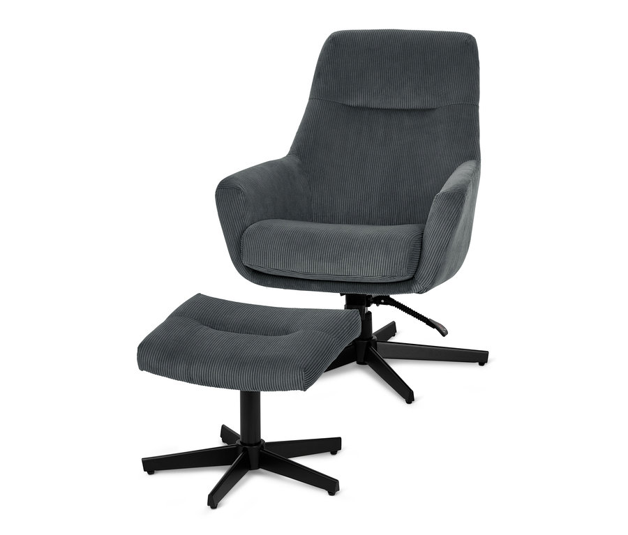 Grauer Design-Sessel mit Fußhocker auf weißem Hintergrund.