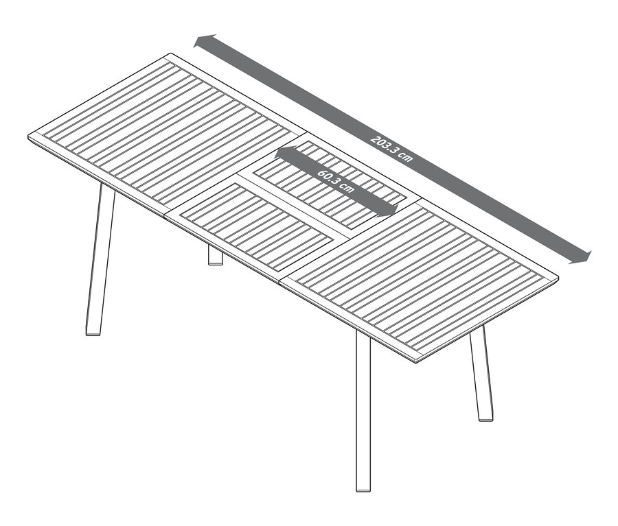 Eine Skizze von einem ausziehbaren Gartentisch Liska, ca. 143/203 cm.