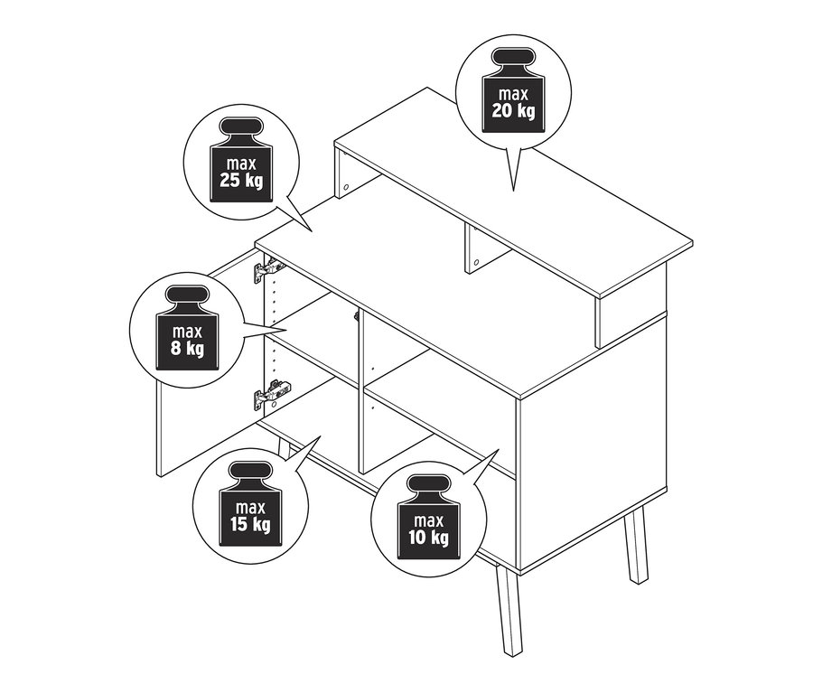 Eine Strichzeichnung einer Bar mit Tresen, mit einer offenen Tür und Markierungen für die maximale Belastbarkeit der Regale.