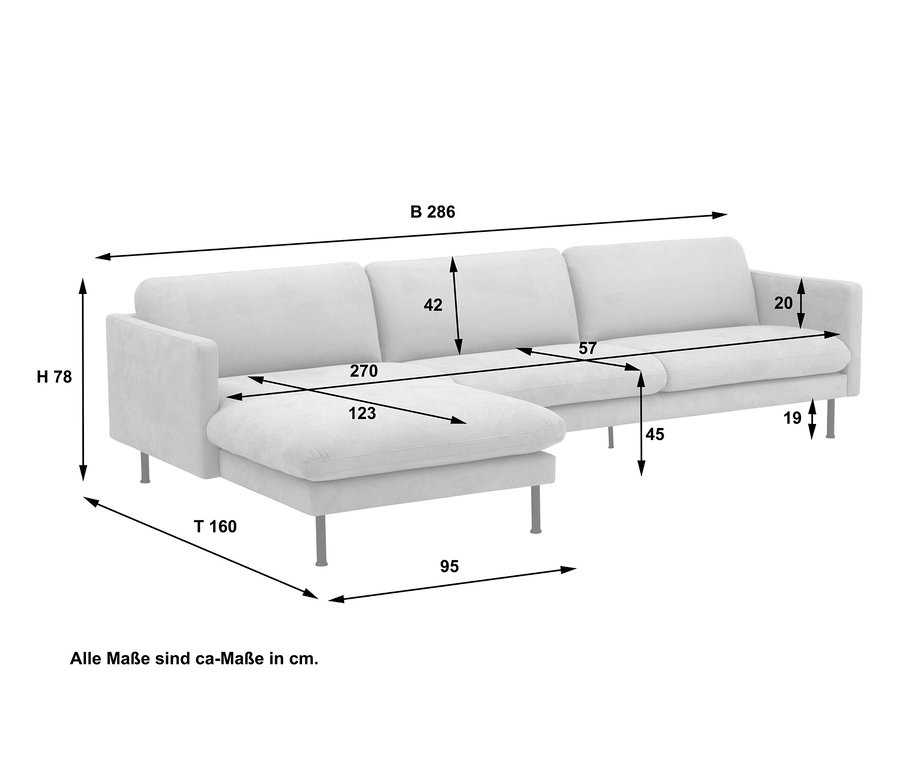 Abmessungen des Max Winzer®-2,5-Sitzer-Sofas »Nathan« mit Longchair links.