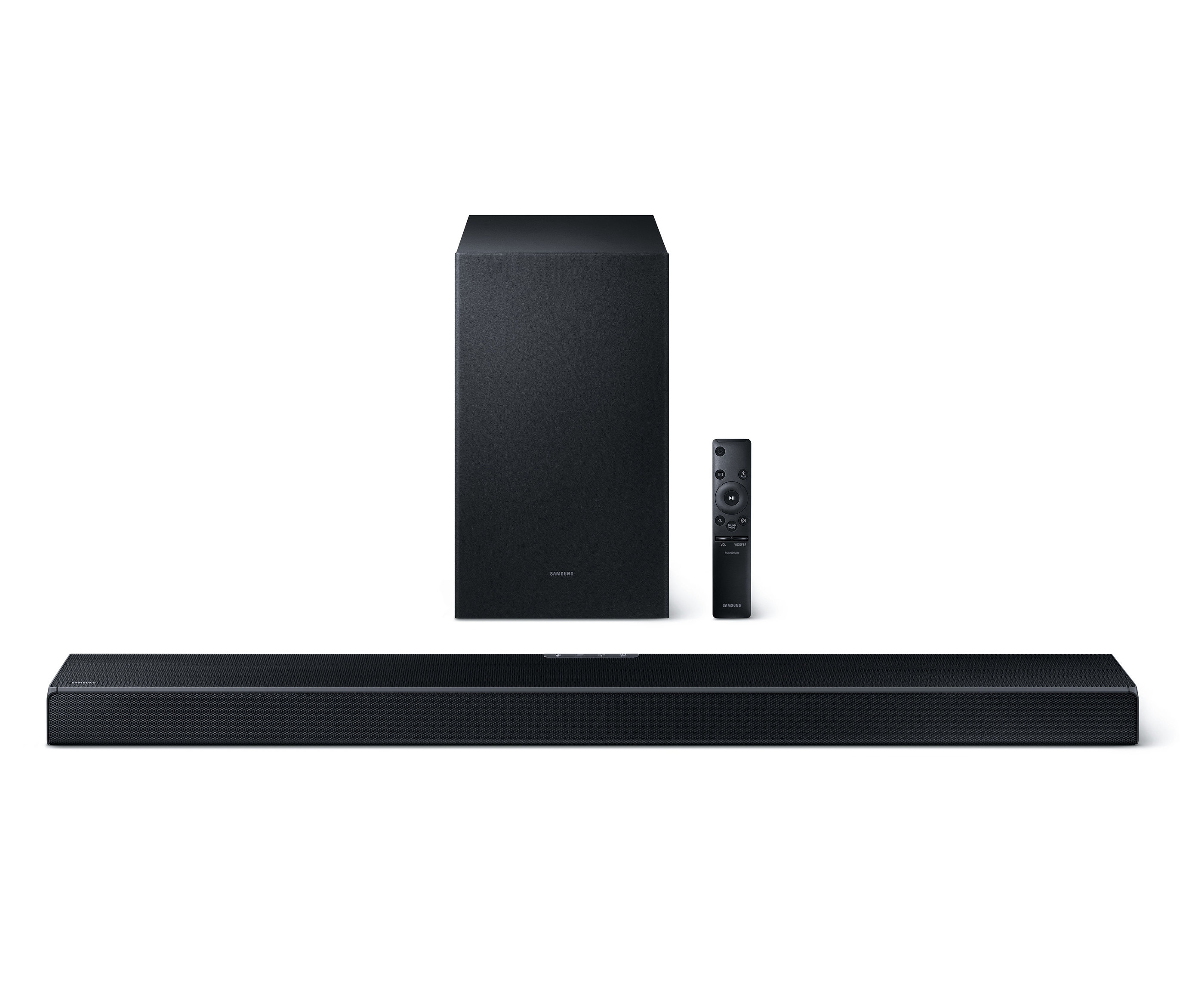 Schwarze Samsung-Soundbar, Subwoofer und Fernbedienung.