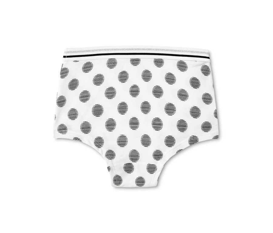 Ein Paar Mädchen-Pantys mit schwarzen Punkten auf weißem Grund. Die Pantys haben einen silbernen und schwarzen Streifen am Bund. 7er-Pack.