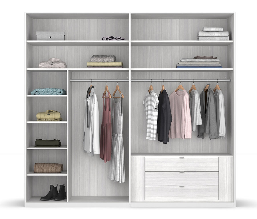 Innenansicht eines weißen Schranks mit Regalen, Schubladen und hängender Kleidung. Rauch Schwebetürenschrank BLACK 20UP »Premium«, weiß, 240 cm.