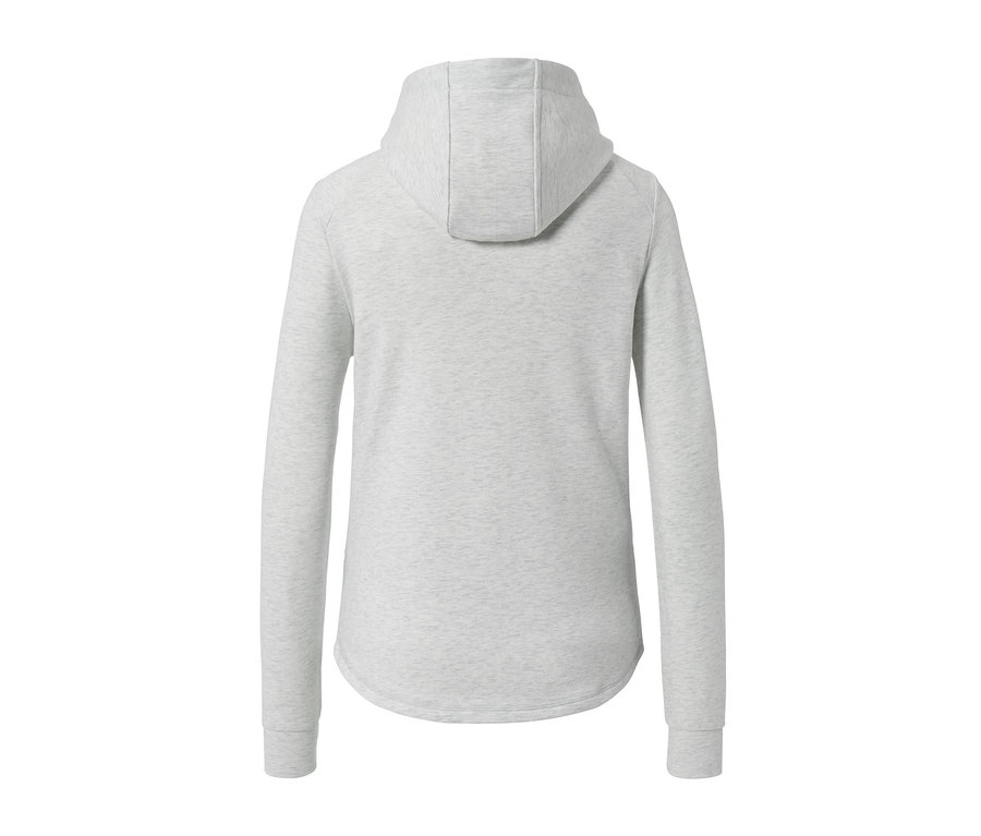 Grau melierte Sweatjacke mit Kapuze.