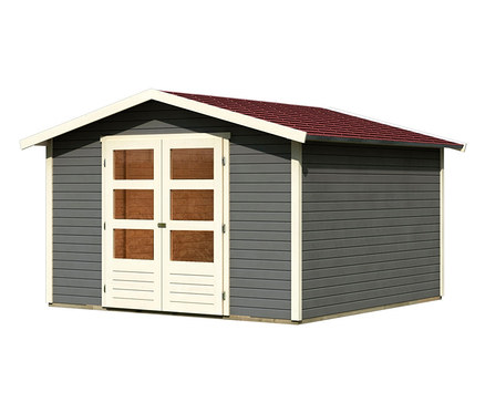 Abbildung eines grauen Karibu Gerätehauses Adamma 6 mit rotem Dach und Doppelflügeltür.