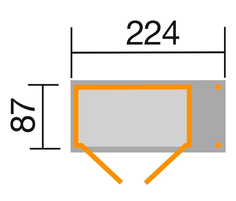Technische Zeichnung eines Gartenhauses mit den Maßen 224 und 87.