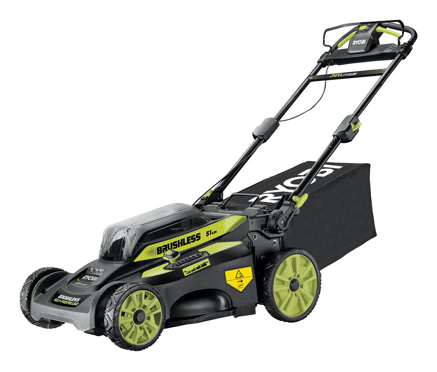 Ein schwarz-grüner Akku-Rasenmäher von Ryobi, Modell RY36LMX51A-160.
