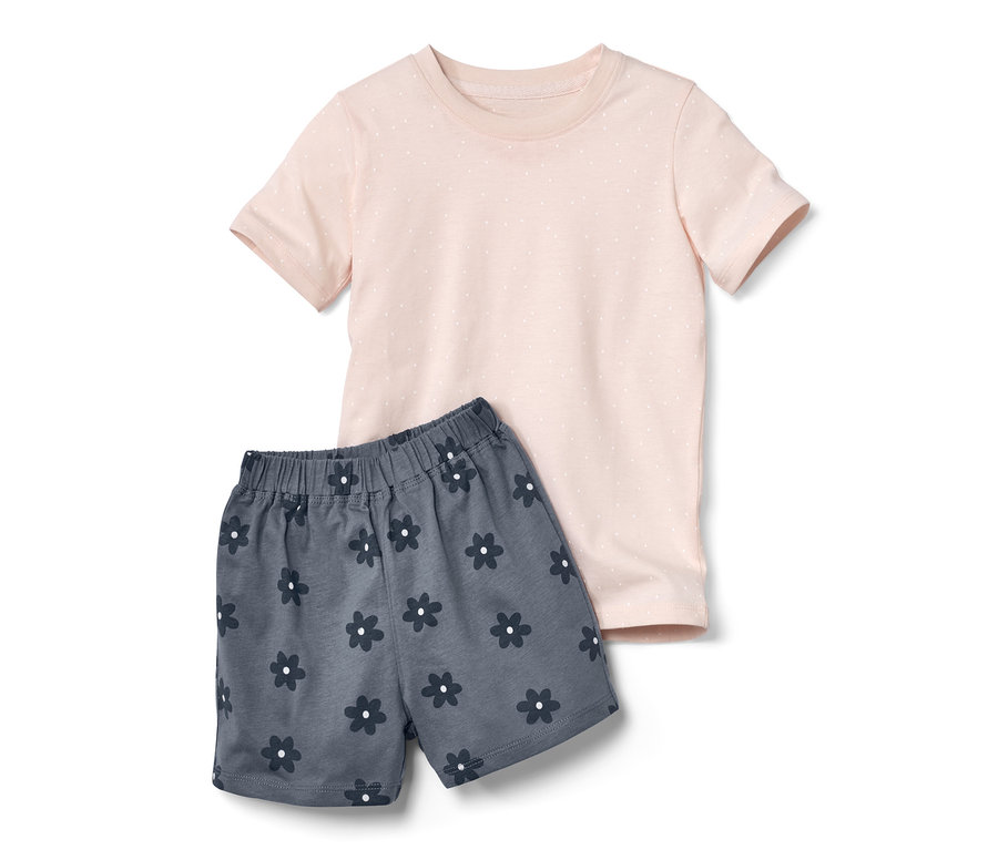 2 Kleinkinder-Pyjamas: Rosa T-Shirt mit Punkten und graue Shorts mit Blumen.