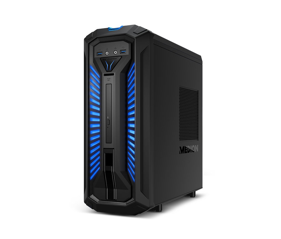 Schwarzer MEDION® ERAZER® »X67138« Gaming-Desktop-PC mit blauer LED-Beleuchtung an der Vorderseite.