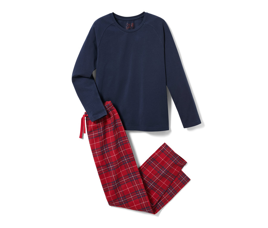 Kinder-Flanell-Pyjama, bestehend aus einem langärmeligen Oberteil und einer karierten Hose.