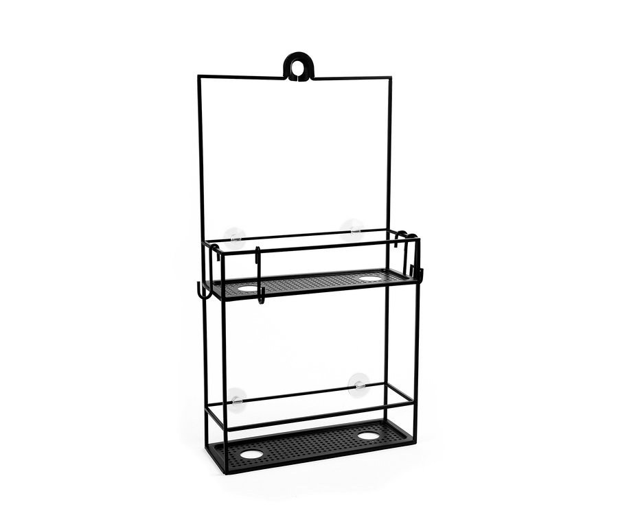 Ein schwarzes, hängendes Duschregal mit zwei Ablagen, das mit Saugnäpfen an der Wand befestigt ist.