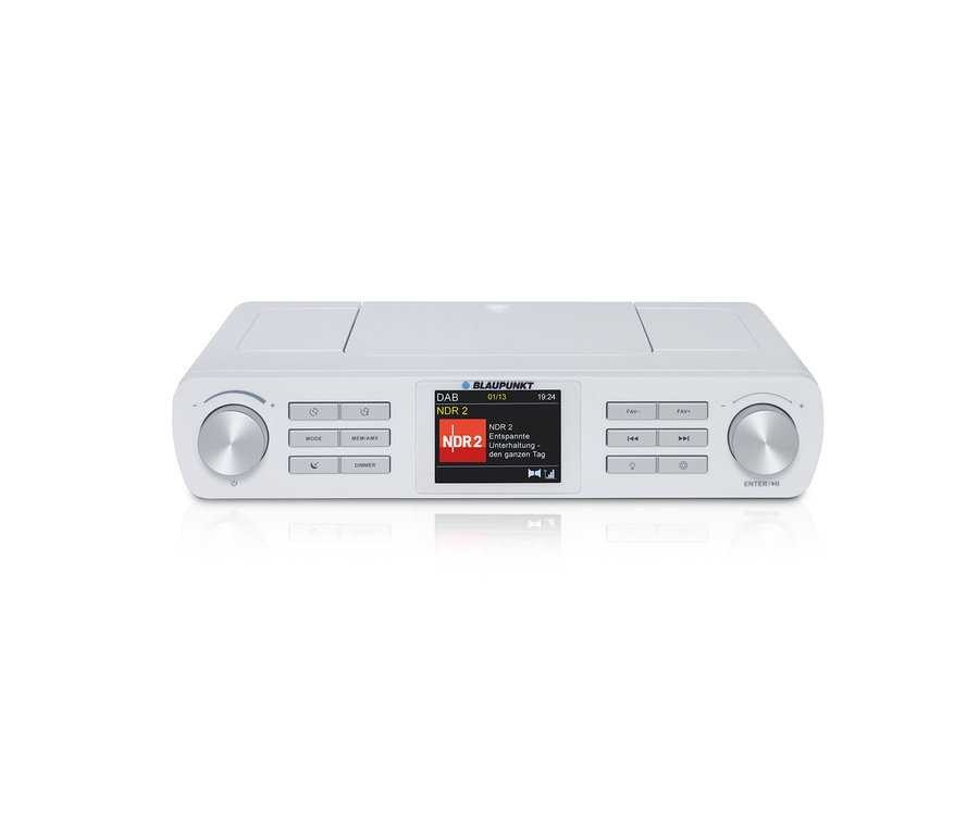 Weißes Blaupunkt KRD 100 Küchenradio mit Display.