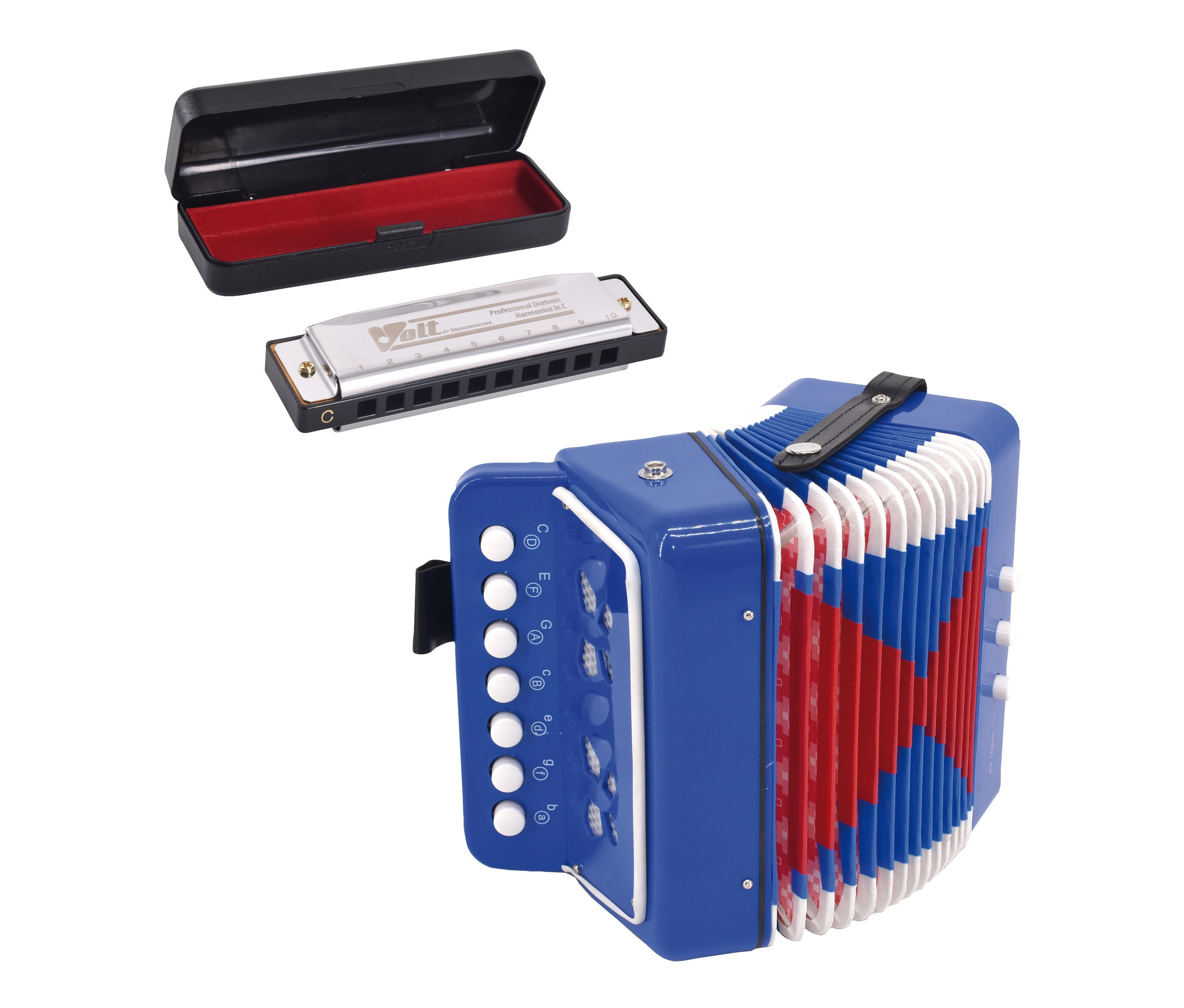 Ein blaues Akkordeon, eine silberne Mundharmonika und ein schwarzes Etui.