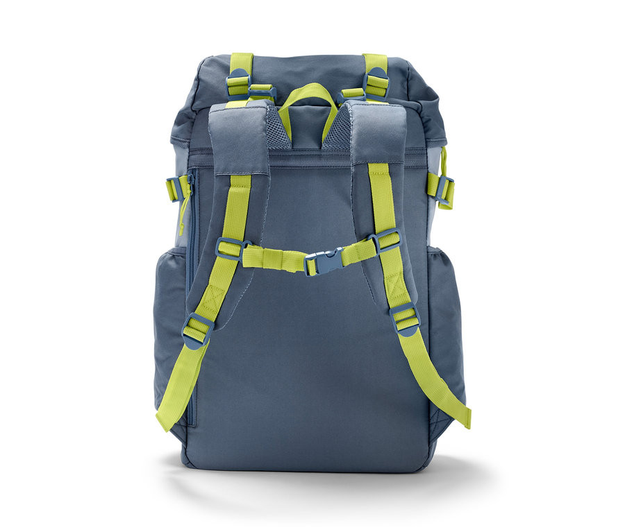 Rückansicht eines grauen Outdoor-Rucksacks mit gelb-grünen Trägern.