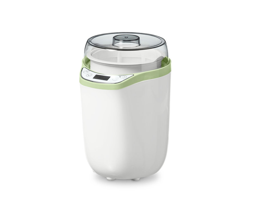 Ein weißer Joghurt-und-Frischkäse-Bereiter mit digitalem Display.