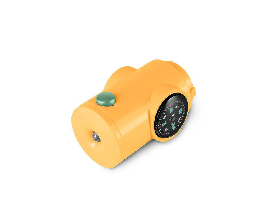 Gelbes, kompaktes 7-in-1-Outdoor-Tool mit Kompass, Licht und Pfeife.