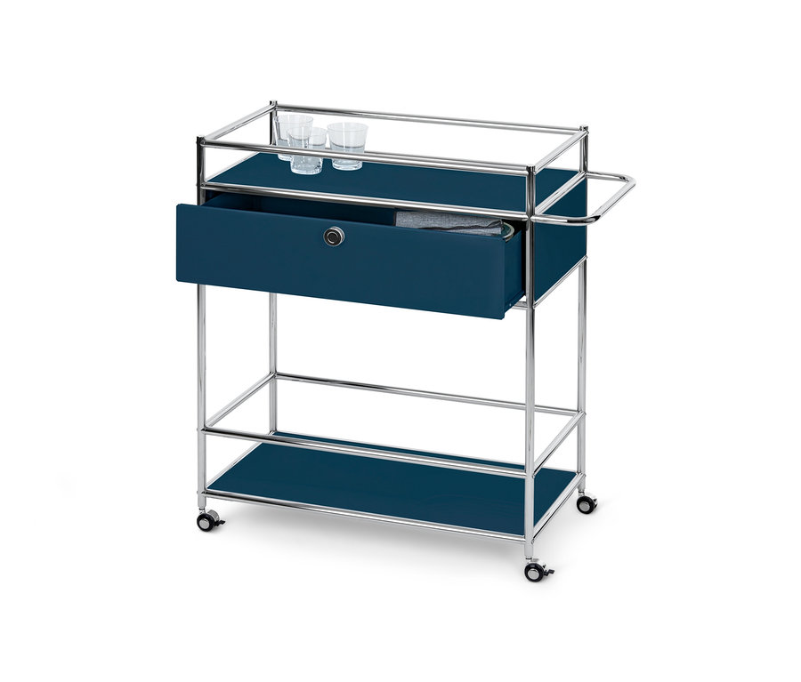 Blauer Barwagen »CN3« mit Gläsern und offener Schublade.