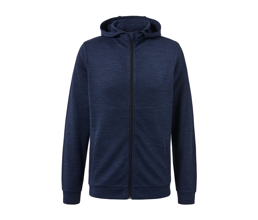 Marineblaue Funktionsjacke mit RWS-zertifizierter Wolle, Reissverschluss und Kapuze.