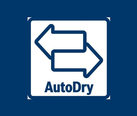 Blaues AutoDry-Logo mit zwei Pfeilen in einem Rahmen.
