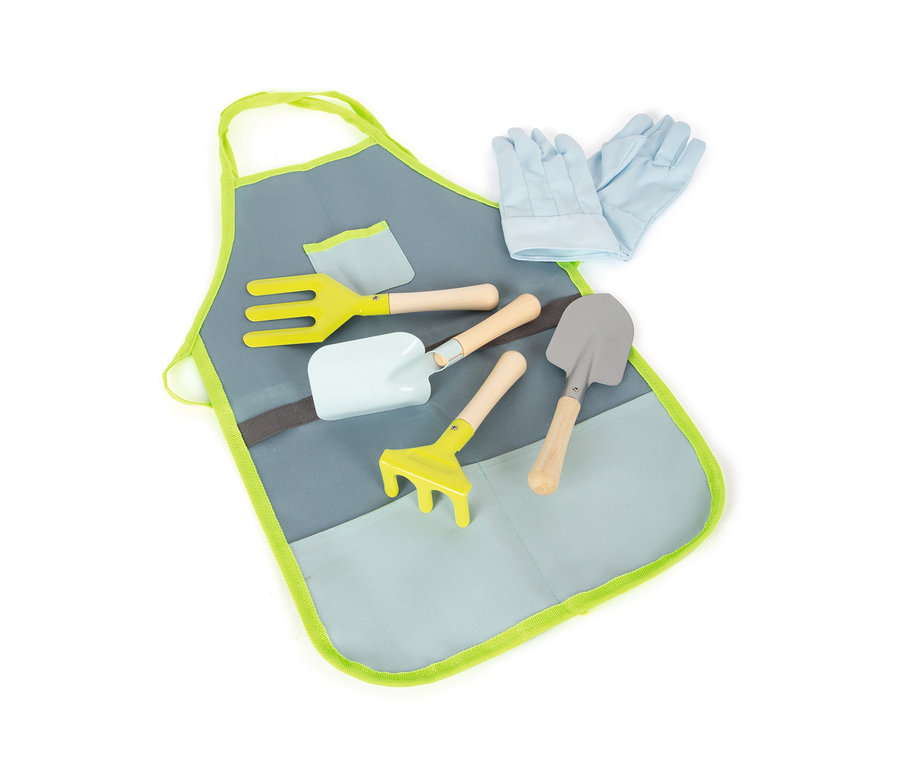 Gartenschürze mit Gartenwerkzeug und Handschuhen.