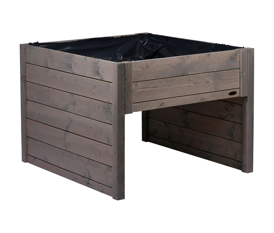 Graue hölzerne Mährobotergarage mit Pflanzkasten.