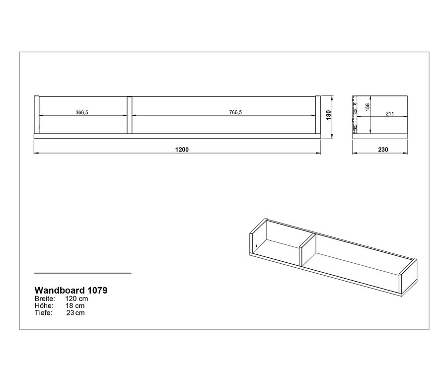 Diagramme zeigen die Abmessungen des Wandboards "Nonza", ca. 120 cm, eichenfarben.