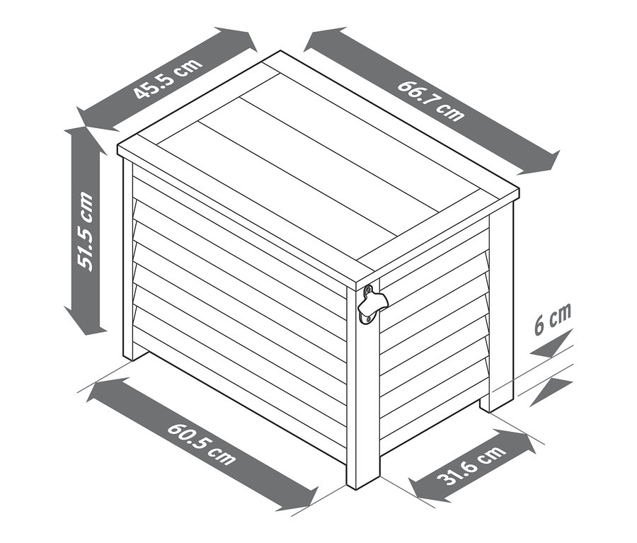 Skizze einer dekorativen Kühlbox mit Flaschenöffner und Abmessungen.