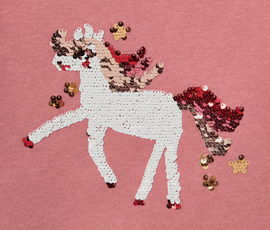 Detailansicht eines Kinder-Sweatshirts mit Einhorn-Wende-Pailletten.