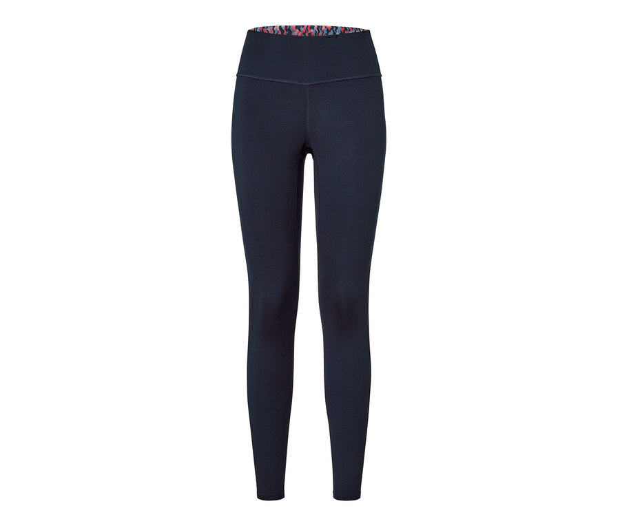 Marineblaue Sporttight mit hohem Bund und gemustertem Bundinneren. Es handelt sich um eine Wende-Sporttight, rosa/navy.