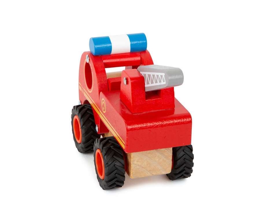 Rotes Holzfeuerwehrauto mit blauem und weißem Licht aus dem small foot Fahrzeuge-Set.