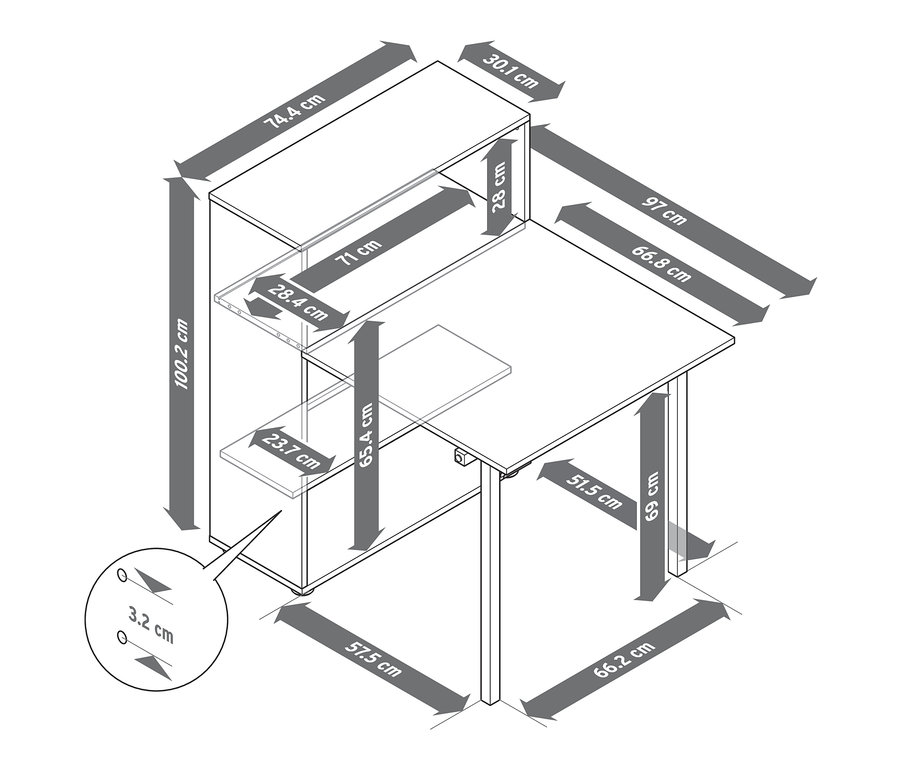 Das Diagramm zeigt die Abmessungen eines Regals mit ausklappbarem Tisch.