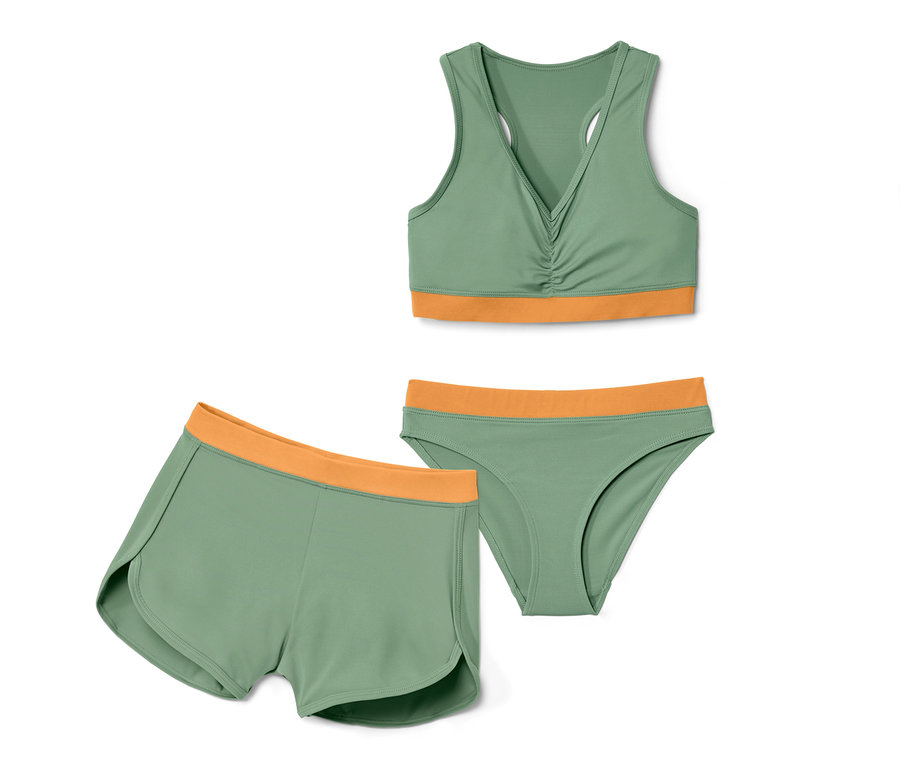 Grünes 3-teiliges Kinder-Bikini-Set mit orangefarbenen Details.