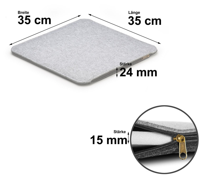 Graues, beheizbares Sitzkissen mit USB, Maße 35 x 35 cm und 24 mm dick.
