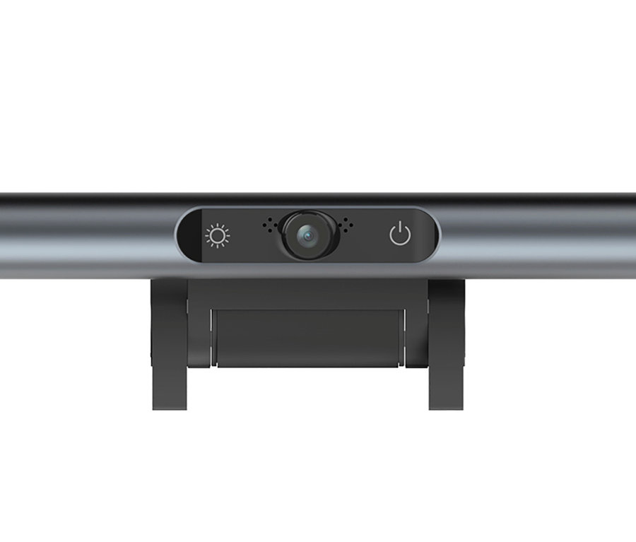 Detailansicht einer 2-in-1-LightBar-Pro-Monitorlampe mit Full-HD-Webcam.