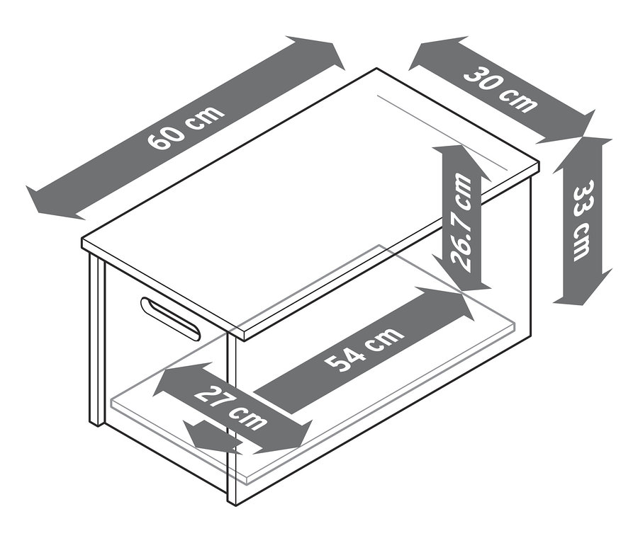 Eine schematische Darstellung einer Stapelbox mit Deckel, die ihre Abmessungen zeigt.