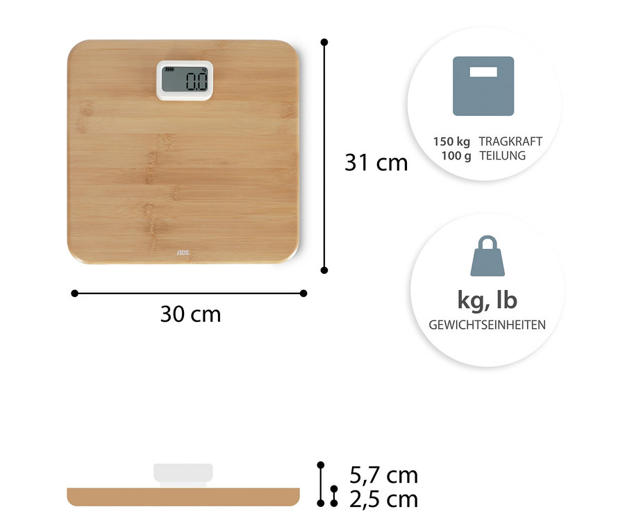 Abmessungen der digitalen ADE Bambus-Personenwaage: 30 x 31 x 2,5 cm.
