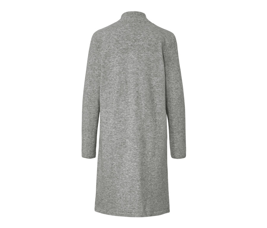 Detailaufnahme eines offenen, langen Cardigans in Grau.