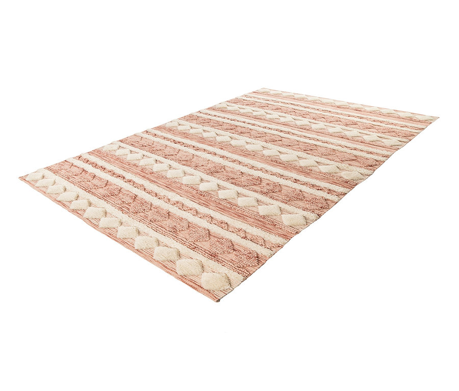 Ein rosa-cremefarbener Kayoom Wollteppich »Bohist 225« mit geometrischem Muster.