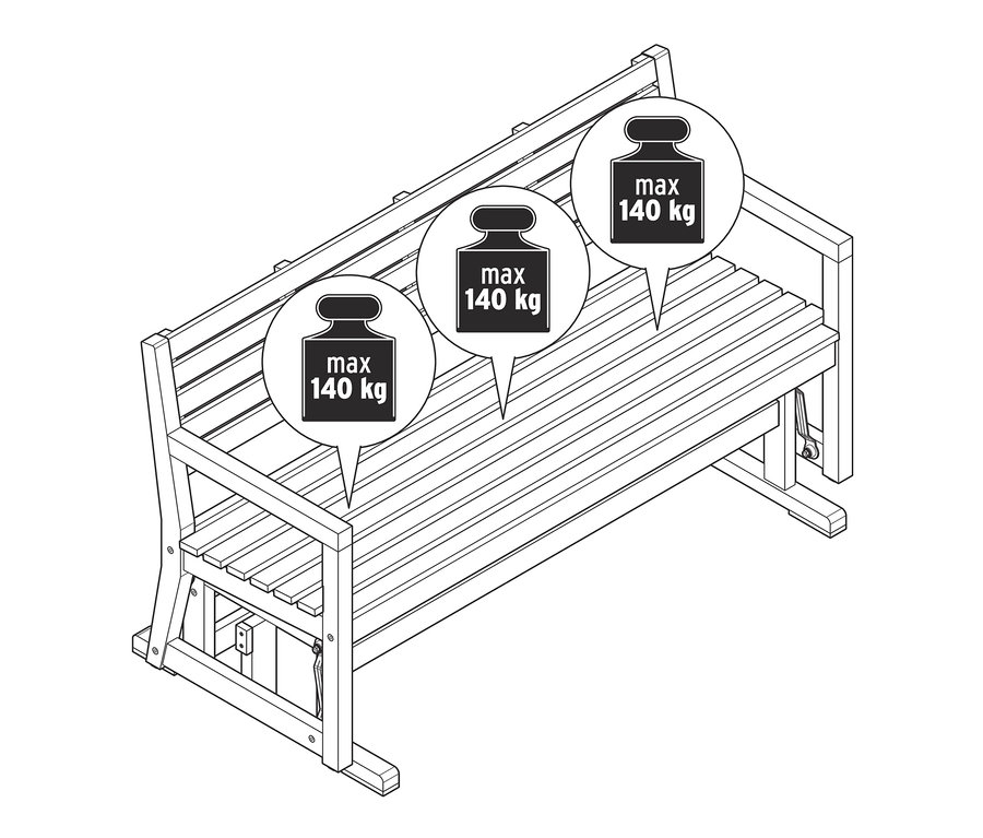 Illustration einer Schaukelbank mit einer maximalen Tragkraft von 140 kg.