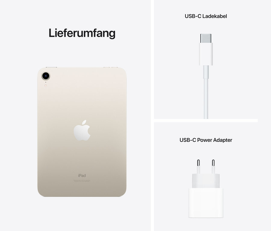 Lieferumfang: Apple iPad mini mit WiFi 2021 8,3" 256 GB, Polarstern, USB-C Kabel, USB-C Netzteil.