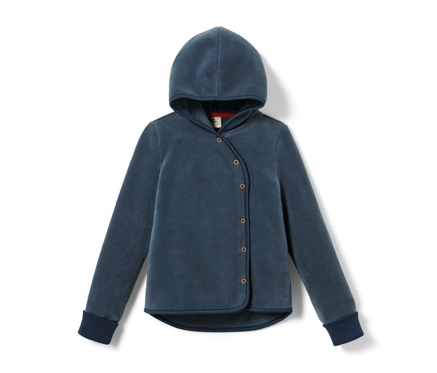 Marineblaue Baby-und-Kleinkinder-Fleecejacke mit Kapuze und Knopfverschluss.
